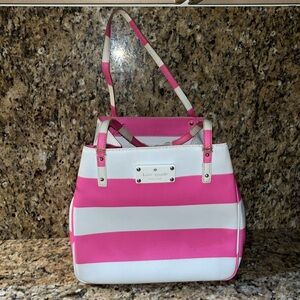 KATE SPADE PINK X WHITE TOTE New York High Falls Sidney Striped Snapdragon GUC